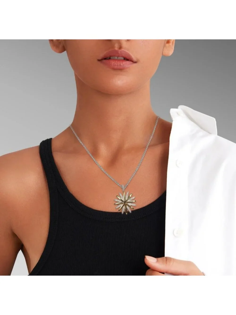 18K Gold Plated Two Tone Wheat Chain Necklace with Starburst Sunflower Pendant